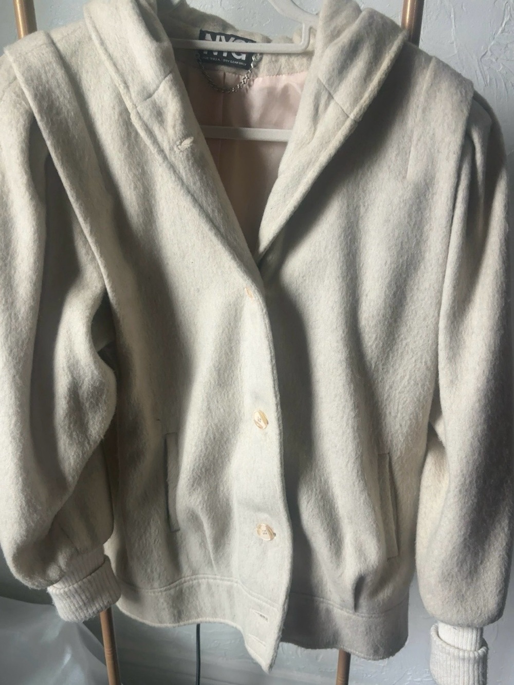 Vintage NYG New York Girl Hooded Wool Blend Jacket USA Made Cream Coat size 12